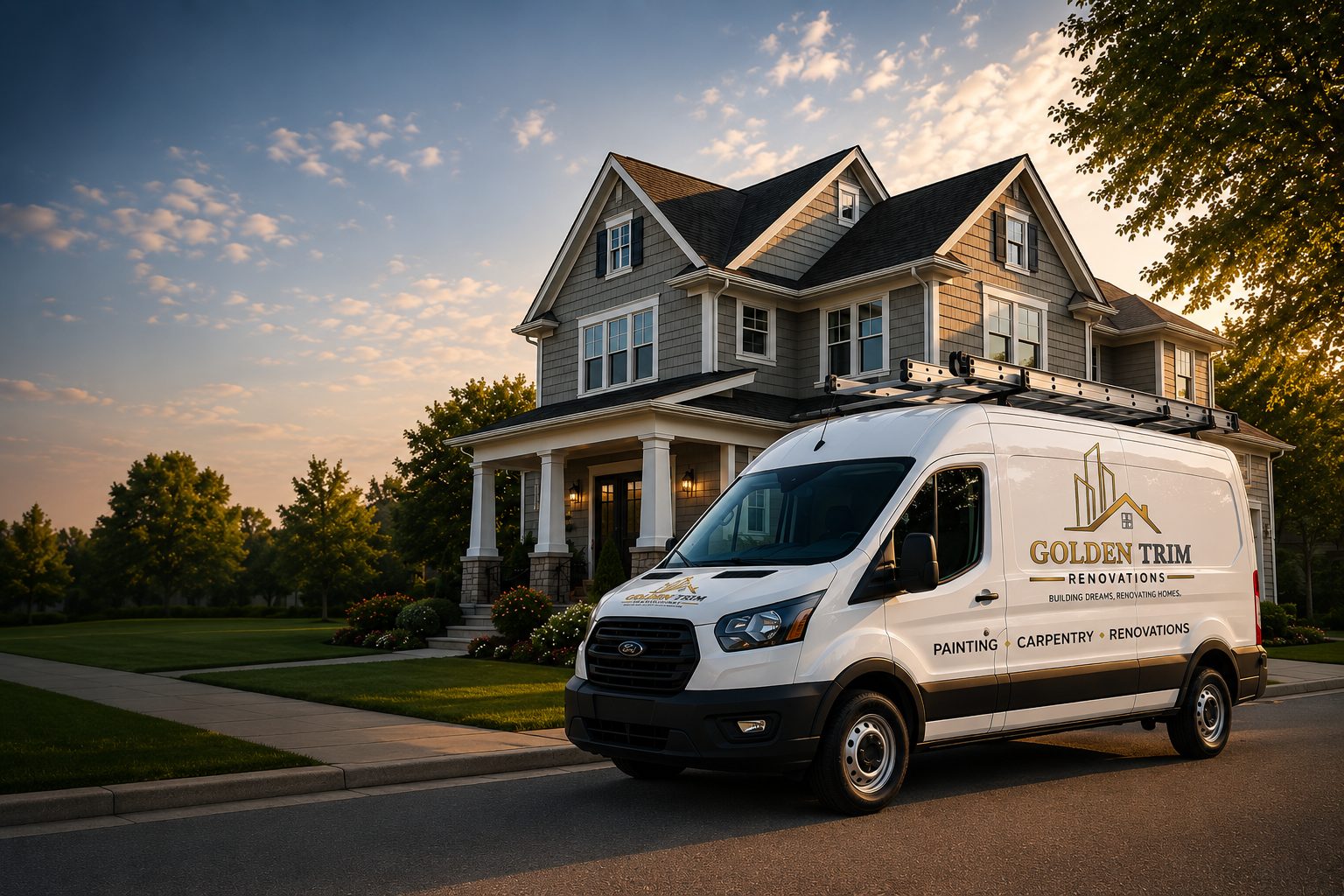 Golden Trim Renovations branded work van parked in front of a completed home renovation in Westchester County